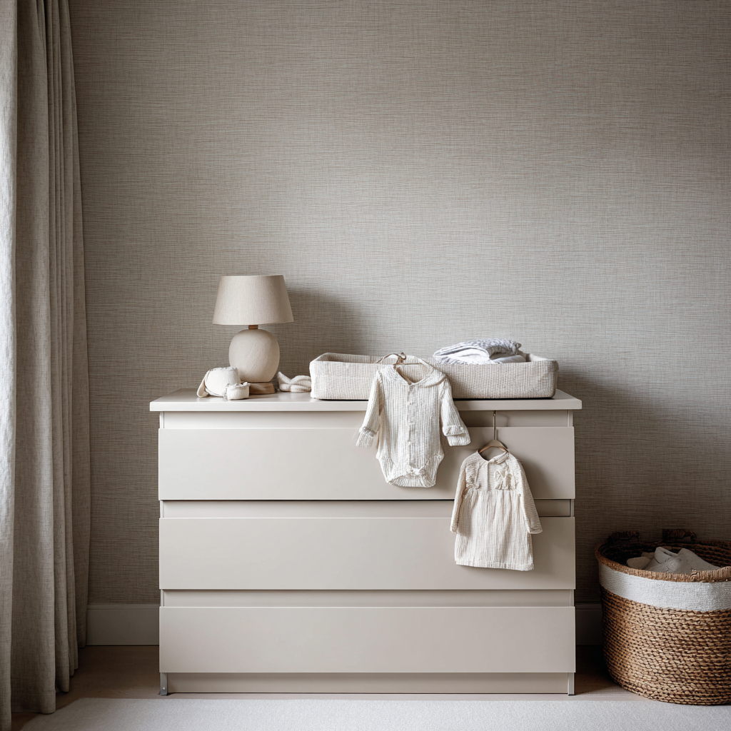 minimal neutral baby nursery interior, soft beige and warm cream colour palette, light neutral chest of drawers with one drawer pulled open, baby clothes loosely placed without organisers, natural linen and cotton fabrics in cream, oatmeal and stone tones, slightly imperfect folds, calm but unorganised look, textured neutral wallpaper, soft diffused daylight, clean Scandinavian aesthetic, ultra-realistic, editorial interior photography, shallow depth of field no colour accents, no toys, no wall art, no text, no people ar 3:4